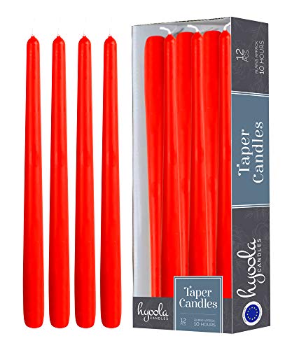 Hyoola 12 Pack Red Tall Taper Candles - 12 Inch Red Dripless, Unscented Dinner Candle - Paraffin Wax with Cotton Wicks - 10 Hour Burn Time.