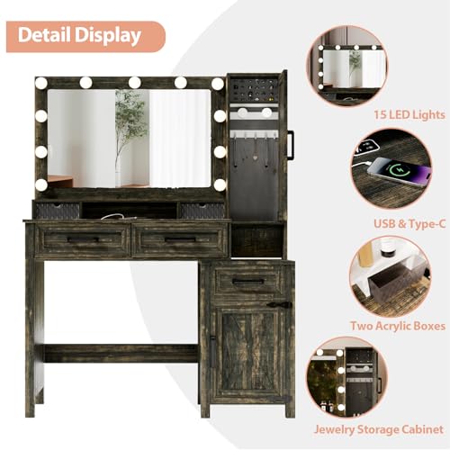 Image of Farmhouse Vanity Desk with 3 Adjustable Light Colors & Power Outlet, Makeup Vanity Table with Sliding Jewelry Cabinet, Built-in Lipstick Organizer, 3 Drawers & Shelves for the Bedroom, Brown