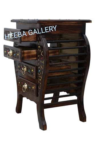 Image of Wooden Stool-Natural Wood Antique Look Side Table with Two Drawer for Living Room (Brown, 14 x 14 x 21 inch) || AS(4D) (Four Drawer Antique Table)