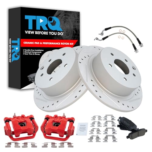 Image of TRQ Performance Rear Brake Pad and Rotor Set Ceramic Coated Drilled Slotted