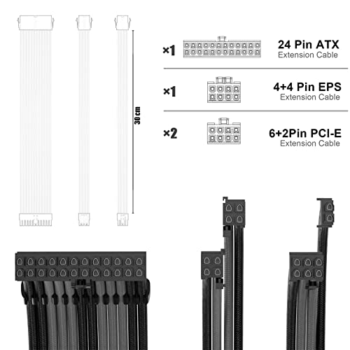 Image of PSU Cable Extension Kit with Two Sets of Cable Combs 1x24Pin /1x8Pin(4+4) EPS /2x8Pin(6P+2P) PCI-E / 30CM Length,PC Sleeved Cable for ATX Power Supply(Black /Gray)