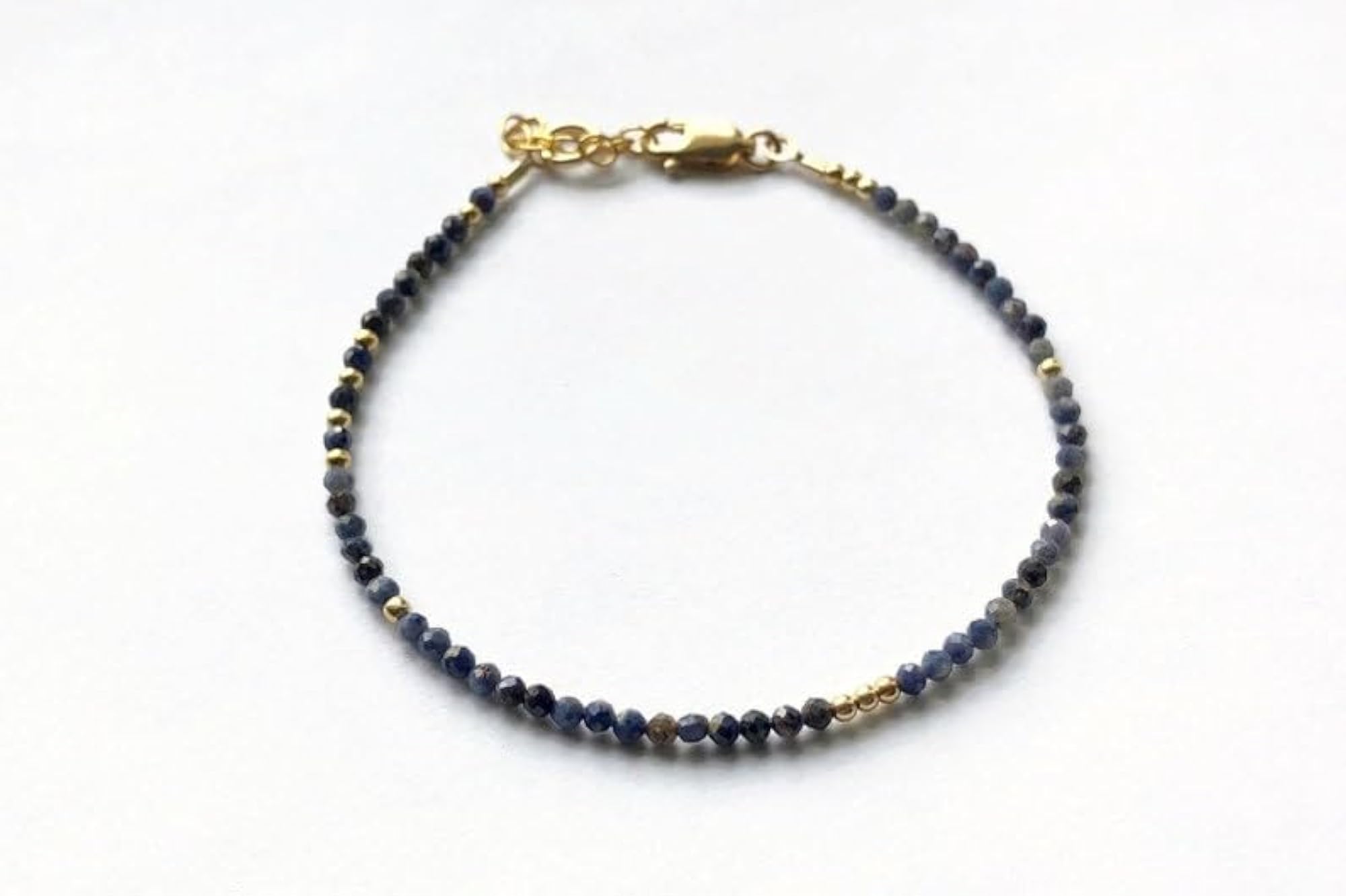Blue Sapphire Round Beaded Bracelet with Gold Clasp, Adjustable