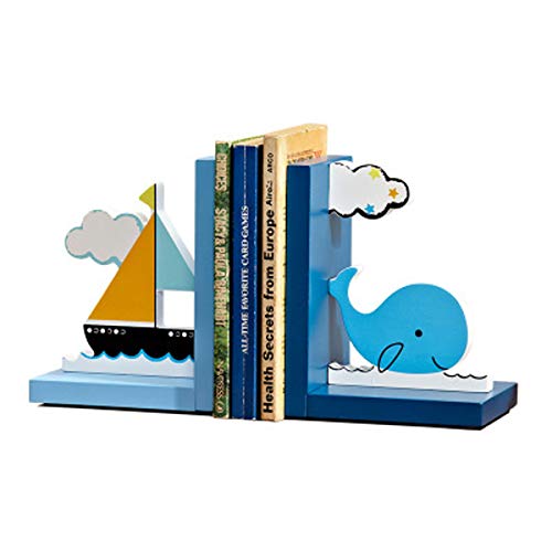 Image of Kids Bookends Wood Ocean Bookends Baby Boy Nursery Room Decor Cartoon Whale Book Stand Rack Girl Bedroom Decor (Blue Whale)