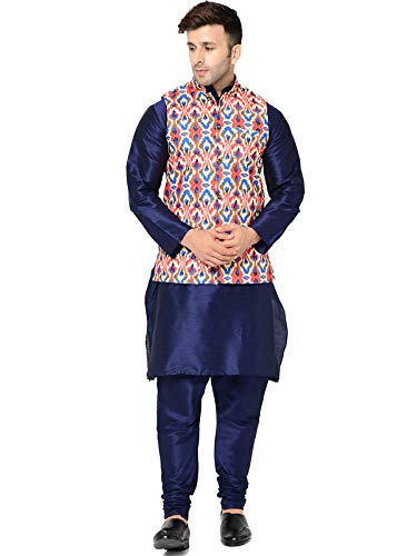 Image of SAIFOO Men's Silk Navy Blue Kurta Pyjama & Printed Nehru Jacket