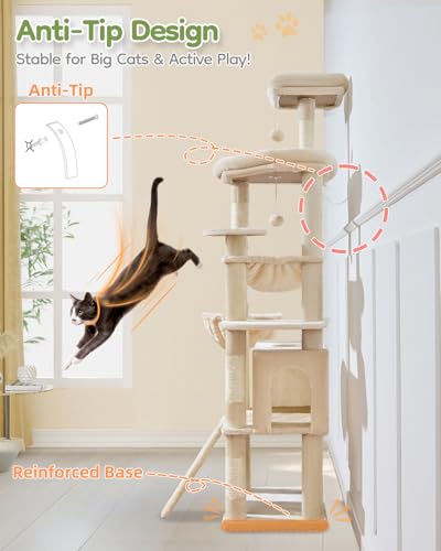 Taoqimiao Rascador para Gatos Grandes, 183cm Arbol Rascador para Gatos com Plataformas Grande, Espacioso Cuevas, Cesta, Hamaca MS045T Verde - imagen 9