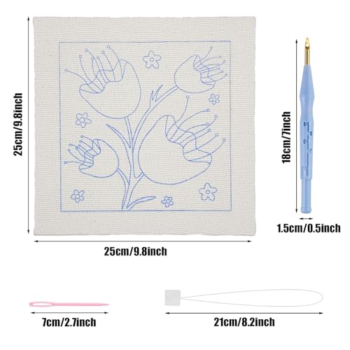 Image of Allazone Punch Needle Starter Kit, Punch Needle Embroidery Kit Frame, Square Fabric with Flower Pattern, Hoop, Yarns (Blue)
