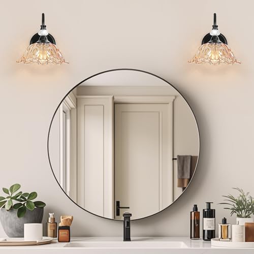 Image of Black Wall Sconces with Floral Amber Glass Shades, Black Farmhouse Wall Mount Lighting for Bathroom,Vintage Bathroom Vanity Light Fixtures