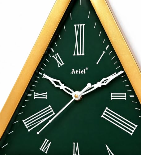 Image of Triangle Analog Wall Clock 30 cm | Green Dial Gold Frame | Roman Number Display | Quartz Battery Operated Decorative Piece for Home Office Bedroom Living Room