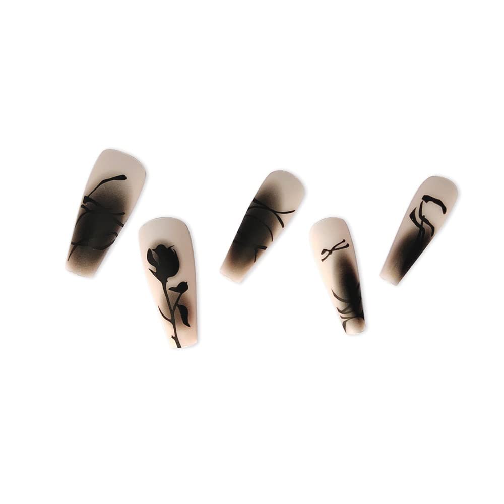 AKAZI Unghie a Pressione Nere Press-On Manicure Primavera Geometria Stampa Acrilico French Nail Tips Finitura in Gel Finitura Opaca Unghie finte con Design per Nail Art per Donne e Ragazze