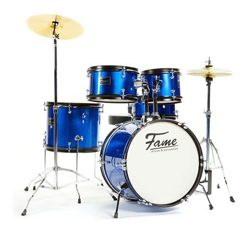 Fame 5 PC Drumset Blue, Schlagzeug mit Bass Drum, Tom-Tom, Snare, Hardware und Hocker, inkl. Zubehör und Drumsticks