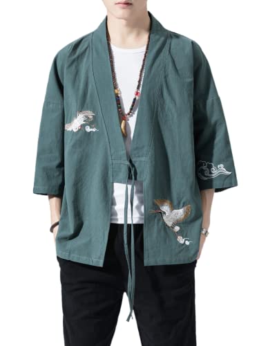 Image of Men's Japanese Kimono Cardigan Loose Cotton Linen 3 /4 Sleeve Open Front Casual Summer Shirt Jackets