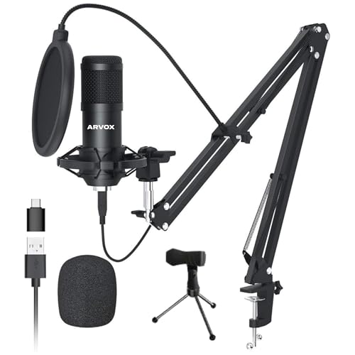 Image of ARVOX AX-M5 USB Condenser Microphone Kit, 192kHz /24bit, 20-20KHz, 16mm Diaphragm, with Boom Arm, Pop Filter, Shock Mount, Tripod, 2.5M Cable, for Podcasting, Gaming, Singing