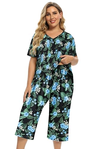 Image of Vozanet Women's Pajamas Set Soft V Neck Sleepwear Top and Capri Pj Lounge Sets Cartoon Heart Shape Cat Nighty Plus Size