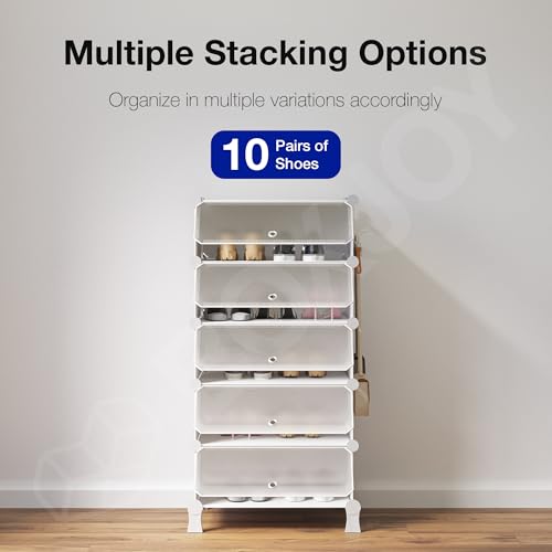 Image of BOXJOY 5 Shelf Shoe Rack Box Organizer with 5 Doors, Strong Magnets & 5 Hook Steel Holder for Home Storage, PP Plastic Cabinets with Metal Frame, Chappal Slipper Stand (White Rack, Translucent Door)