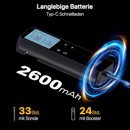 BFOUR Bluetooth & WLAN Fleischthermometer, Kabelloses Grillthermometer mit 2 Sonden 6 Sensoren, 100% Wasserdichtes,±0,1°C Genauigkeit, Fleischthermometer Kabellosfür Grill, Ofen, Braten – BF-80