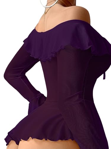 Image of Foxiny Sheer Ruffle Long Sleeve Babydoll Lingerie Dress | Off-shoulder neckline, flared cuffs and a flounce hem add movement; thong and thigh-high stockings complete the 3-piece set