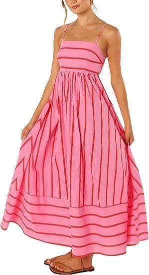 Womens Striped Smocked Dress,Fashion Loose Swing Flowing Sleeveless Cutout Backless Spaghetti Strap Boho Sundresses