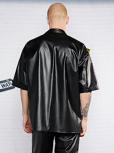WDIRARA Men's Pu Leather Flap Pocket Button Up Drop Soulder Half Sleeve Shirt Casual Oversized Tops2