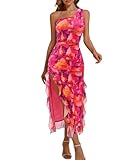 DRESSTELLS Women's Cocktail Dresses for Wedding Guest, Long Formal Floral Mesh Ruched Homecoming Party Evening Gown Ruffle Dress with Slit Red Orange Flower S
