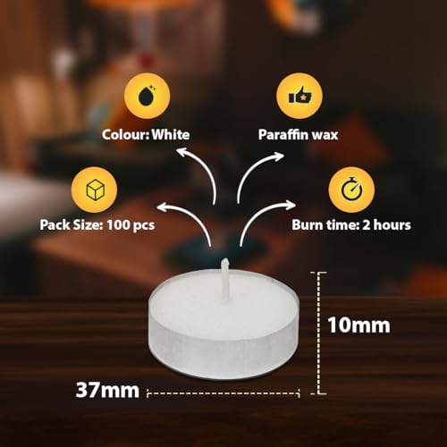 Image of D'Velas White Unscented Wax Tealight Candles - Pack of 100 | 2 Hours Burning Time, Paraffin Wax, Unscented, Smokeless, Dripless, for Home Decor, Offices & Other Occasions (White, Pack of 100)