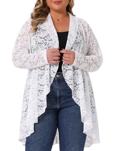 Agnes Orinda Plus Size Lace Cardigan for Women Ruffle Cardigans Open Front Long Sleeve Sheer Lace Crochet Cover Up