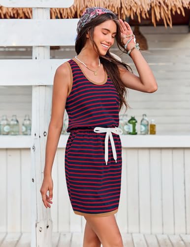Image of Yousify Womens Summer Sleeveless Striped Dress Drawstring Waist Casual Tank Mini Dresses with Pockets