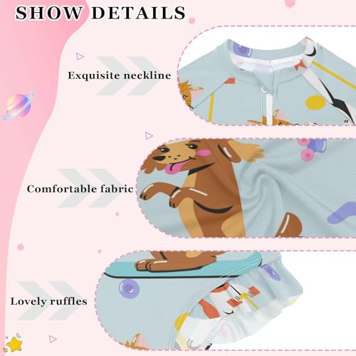 Wusikd Girls Long Sleeve Swimsuit Funny Cat Dog One Piece Bathing Suit Zipper Skateboard Swimwear Sun Protection 5-6T4