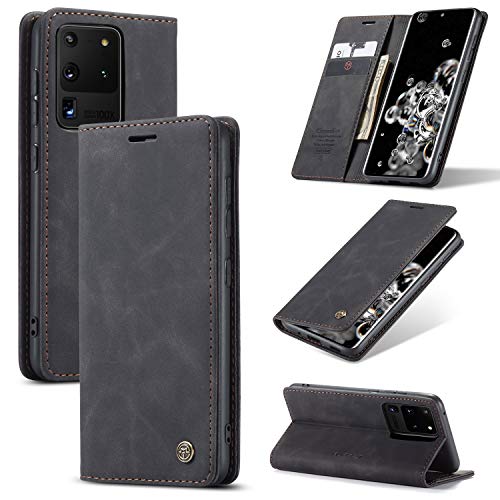 owlhold Hülle Samsung Galaxy S20 Ultra klapphülle Premium Lederhülle Weiches Vintage-Nubukleder Faltbare Ständer Schutzhülle Kartenfach Standfunktion klapphülle Samsung Galaxy S20 Ultra 5G - Schwarz