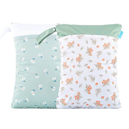 Image of MOMIGO 2 pcs/set Wet Dry Bags for Baby Cloth Diapers - Reusable, Washable Stroller, Diapers, Toiletries, Gym Bag with Two Zippered Pockets 11.8 * 15.7 inch（Little Flower）, (car-nbgsd008-grn)