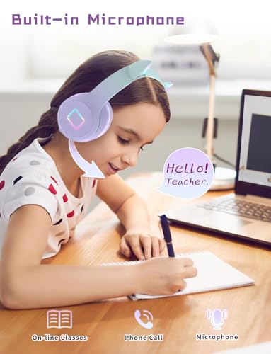 Kids Cat Ear Bluetooth Headphones with LED Light and Mic - Foldable, Adjustable for Boys and Girls (Purple)