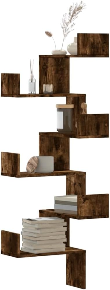 Wall Corner Shelf Smoked Oak 17.7x17.7x57.9 Engineered Wood, Space-Saving Wall-Mounted Display Rack for Living Room, Bedroom, Bathroom Decor