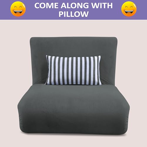 Image of Adorn India Easy Multi Mode 1 Seater Sofa Cum Bed | Velvet Fabric | Dark Grey | Stripes Design | Comfortable Seating | Washable Cover | Perfect for Home & Office
