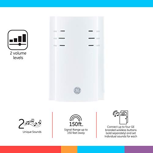 GE Wireless Doorbell Kit, Plug-In Receiver, 1 Push Buttons Door Bell, 2 Melodies Doorbell Chime, 4 Volume Levels, Classr - Additional View