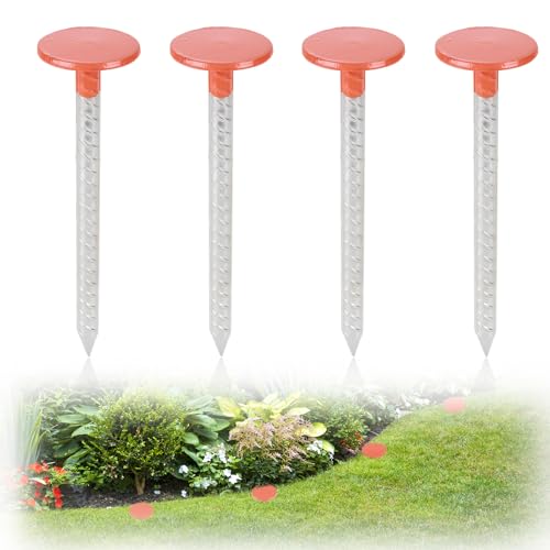 Property Line Markers - 4 Pack - 10 Inch Long Heavy Duty Galvanized Steel Survey Markers Hi-Vis Orange Survey Stakes for Gardens Outdoor Boundary and Lawn Edges
