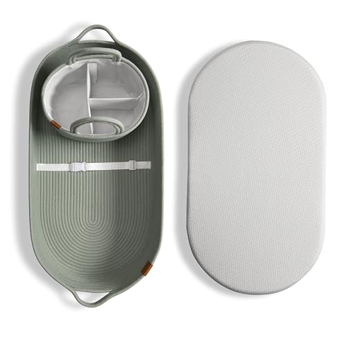 J&JOO ベビーお着替えバスケット - 通気性、防水カバー、拭けるおむつ替えパッド テーブルトップ&ドレッサー、コットンロープベビーバスケット(グリーン/バンブー、キャディセット)