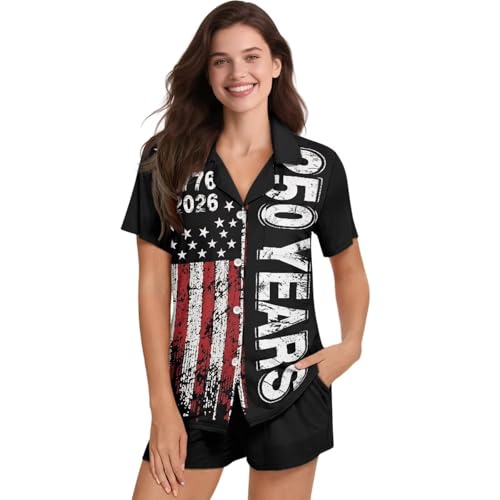 Image of Women's Short Sleeve Sleepwear Button 2 Piece Plus Size Pajamas Casual Soft Stretchy Funny Nightwear with Pockets