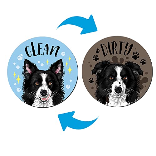 WIRESTER 3.5 inch Dishwasher Clean Dirty Flip Sign Double-Sided Decoration for Kitchen Dishwasher Washing Machine, Black and White Border Collie Dog