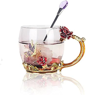 Creative Handmade Enamel Home Decration Enamel Flower Crystal Glass Coffee Tea Water Cup 32CL, Rose Red