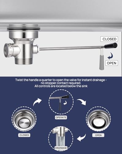 Image of 3-1 /2 inch Commercial Sink Drain with Overflow, Twist Handle Waste Drain Valve | Zn-alloy & Stainless Structure Chrome Finish for Restaurant Industrial Deep 3 Compartment Sink, 2 inch NPT Outlet Double-Thread