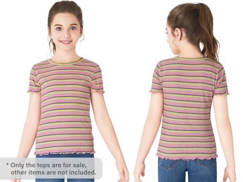 Image of Girls Striped T-Shirt Lettuce Trim Short Sleeve Top Size 6-16 | Soft stretch ribbed knit fabric, breathable blouse,summer outfit for big girls & teen, for school, party and daily activity