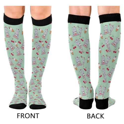 ALAZA Ice Cream Cherry Hippo Compression Socks for Women Men Circulation Long Socks Running Athletic Cycling2