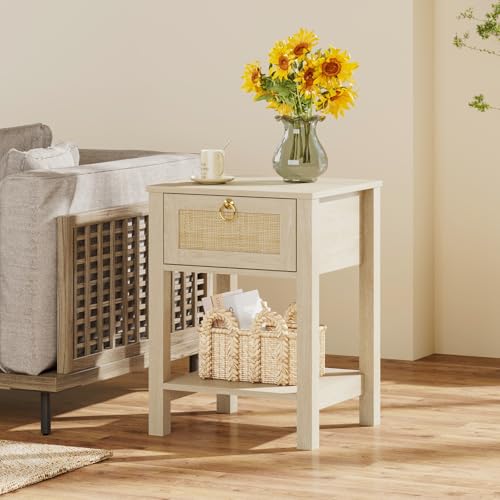 Image of Eclatara Rattan Nightstand Set of 2: Sturdy Night Stand with Rattan Decor Drawer, Farmhouse Nightstand Bedside Table Boho End Tables Side Tables for Bedroom (Natural Light Oak,2 Pieces)