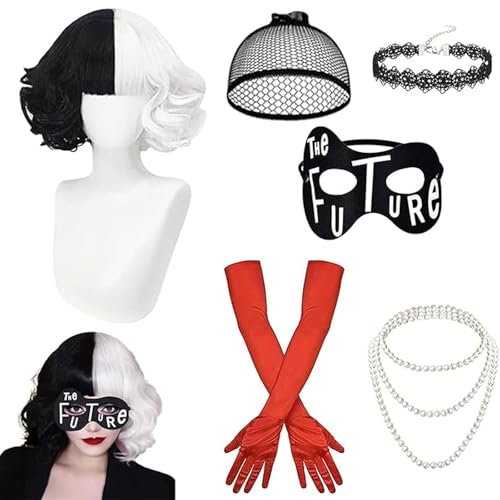HIQE-FL Peluca de mujer para disfraz de Cruella,1970s Set de Accesorios Disfra,Cruella Cosplay Peluca,Disfraz de Cruella Deville,peluca para cosplay,carnaval,Halloween