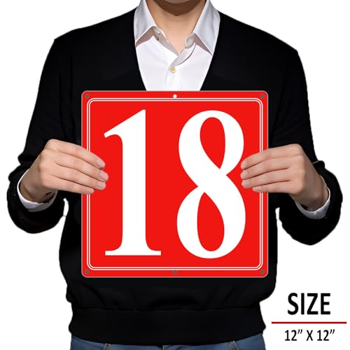 Image of Premium Aluminum Number Signs 18, Metal 12 inch X 12 inch Red Numbered Signs Outdoor for Parking Lots, Floor, Dock, Court, Aisle, Field, High Visibility, No Fade, Weather-resistant