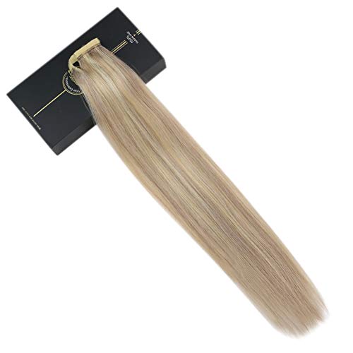 Clip in Remy Hair Ponytail Extension 18inch Human Hair Ponytail for Black Women 60Gram Real Hair Ponytail Extension #P18/613 Ash Blonde with Bleach Blonde