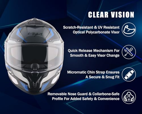 Image of Vega Zap Volt D /V Full Face Riding Helmet with Dual Visor, Shock Absorbing Liner, Comfortable Interior, Lightweight Shell, Aerodynamic Design, and Modern Black Blue Styling Black Blue-XL