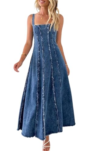 chouyatou Women's Adjustable Spaghetti Strap Maxi Long Denim Dress A-Line Swing Distressed Jean Sun Dress