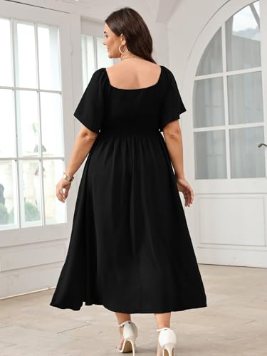 Women's Plus Size Maxi Dress Short Sleeve Sweetheart Neckline Smocked A Line Flowy Formal Wedding Guest Dress4