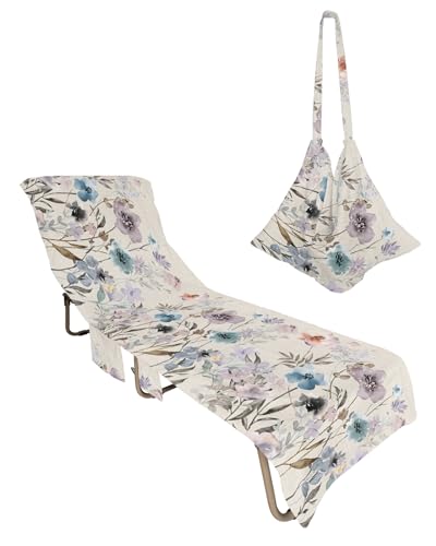 Spring Floral Beach Lounge Chair Towel Cover, Soft Chaise Lounge Towel with Side Pockets Patio Pool Chairs Cover for Beach/Pool Sunbathing 29x85 Summer Botanical Flowers Watercolor Rustic