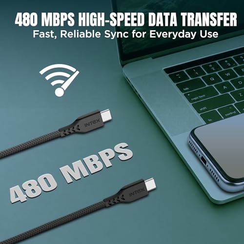Image of Intex Speed 65W Type C to C Fast Charging & Data Sync, Tangle Free Cable, 480Mbps Compatible For Laptop, BT Speaker, Mobile, Tablet, TWS & Other Type C Devices, Strong PVC Cable - Black